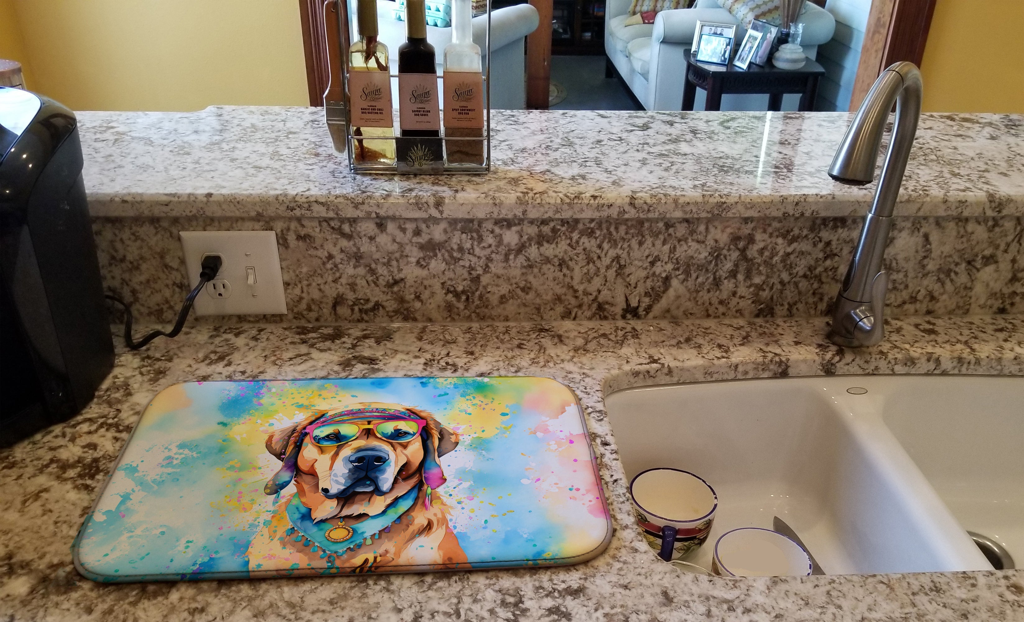 Mastiff Hippie Dawg Dish Drying Mat Absorbent Dish Drying Mat Pad for Kitchen Counter Dish Drainer Mat for Countertop, 14 x 21", Multicolor