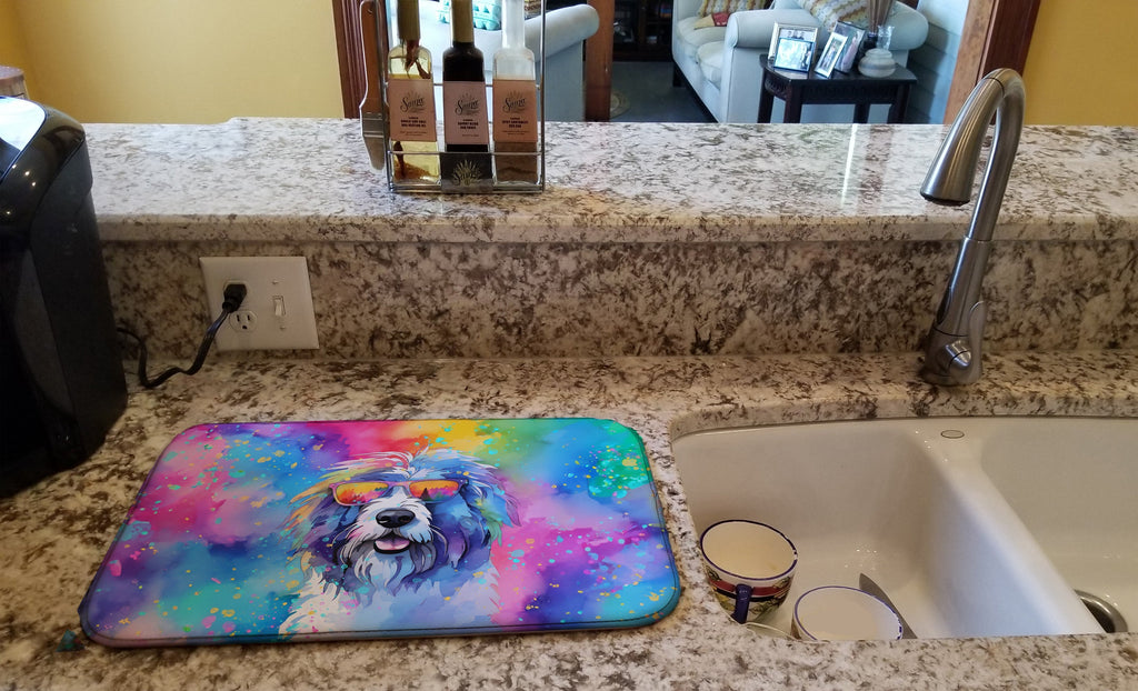 Old English Sheepdog Hippie Dawg Dish Drying Mat Absorbent Dish Drying Mat Pad for Kitchen Counter Dish Drainer Mat for Countertop, 14 x 21", Multicolor