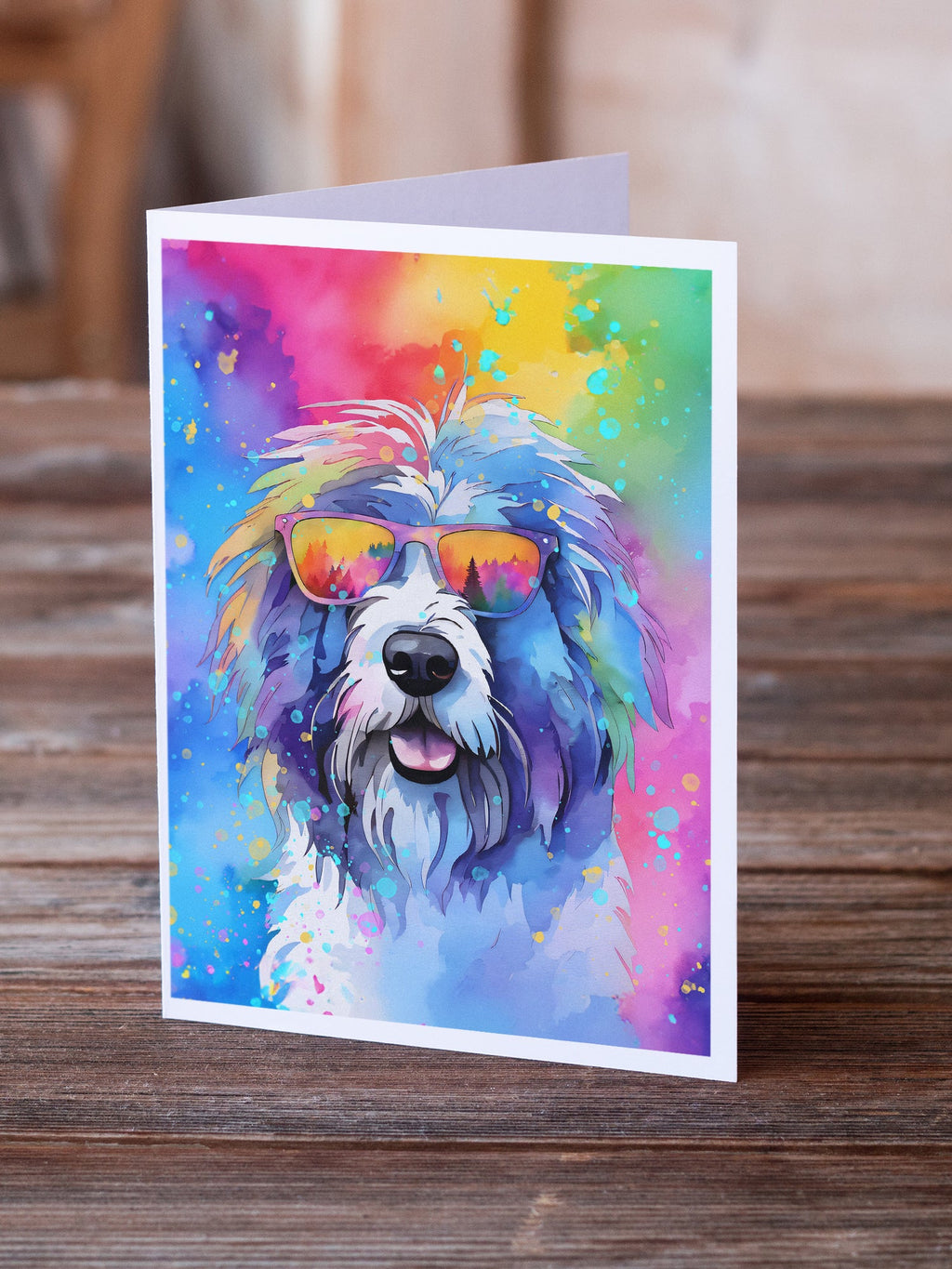 Old English Sheepdog Hippie Dawg Greeting Cards Pack of 8 Blank Cards with Envelopes Whimsical A7 Size 5x7