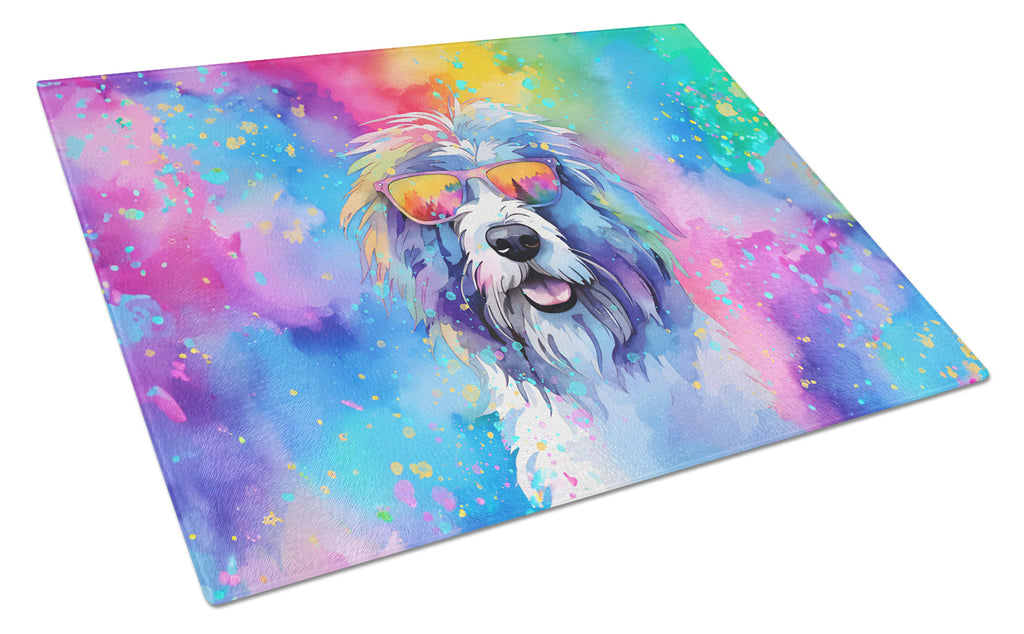 Old English Sheepdog Hippie Dawg Cutting Board Tempered Glass Kitchen Cutting Surface, Heat Resistant Chopping, Non-Slip Feet, Food Prep & Serving