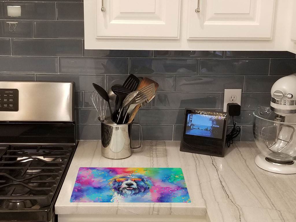 Old English Sheepdog Hippie Dawg Cutting Board Tempered Glass Kitchen Cutting Surface, Heat Resistant Chopping, Non-Slip Feet, Food Prep & Serving