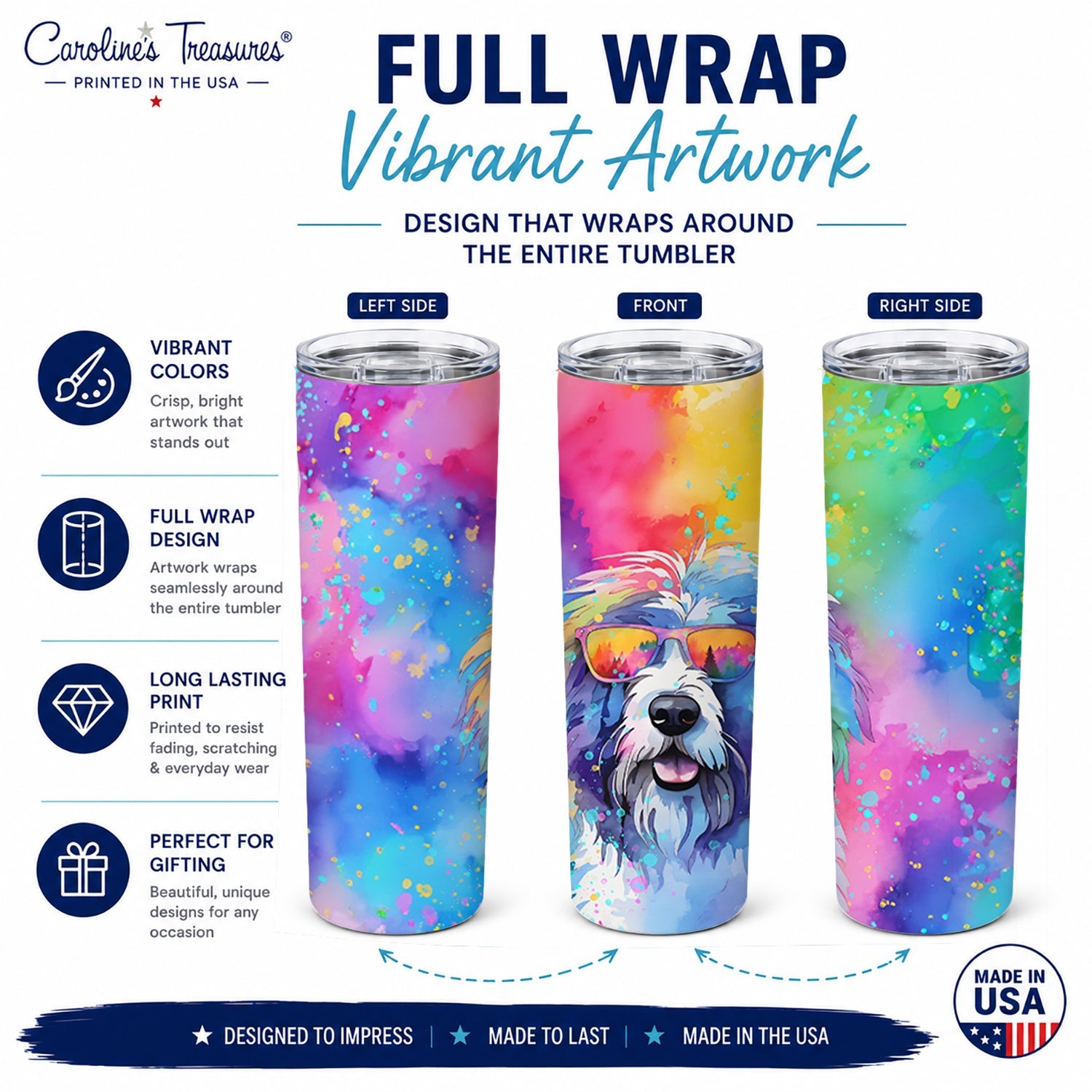 Old English Sheepdog Hippie Dawg Stainless Steel Skinny Tumbler 20 oz Vacuum Double Walled Reusable Insulated Travel Cup