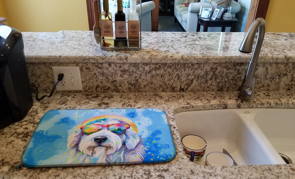 Old English Sheepdog Hippie Dawg Dish Drying Mat Absorbent Dish Drying Mat Pad for Kitchen Counter Dish Drainer Mat for Countertop, 14 x 21", Multicolor