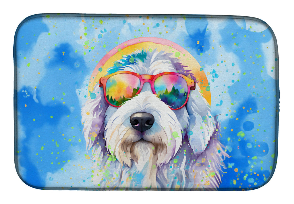 Old English Sheepdog Hippie Dawg Dish Drying Mat Absorbent Dish Drying Mat Pad for Kitchen Counter Dish Drainer Mat for Countertop, 14 x 21", Multicolor