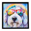 Old English Sheepdog Hippie Dawg Framed Metal Print Bathroom, Kitchen, Office, Home Decor Wall Art Ready to Hang, Square, 8X8
