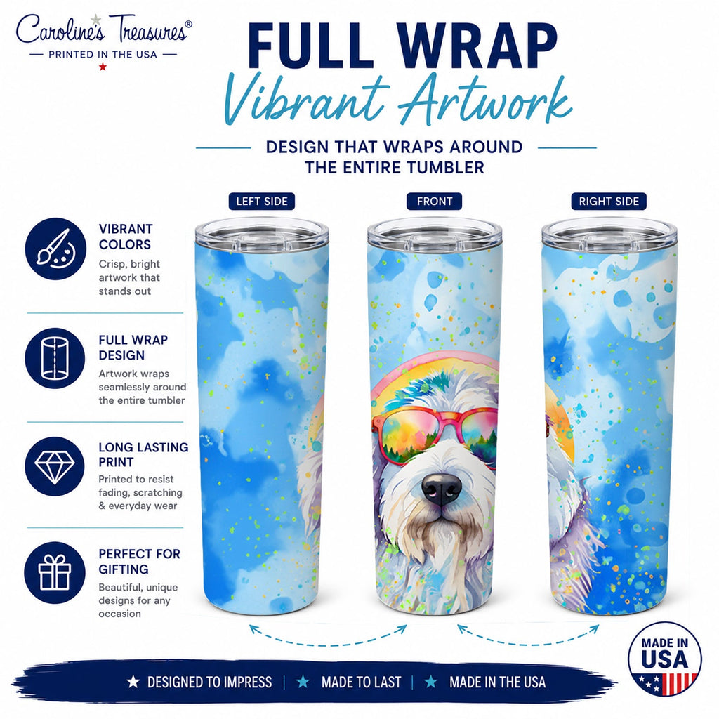 Old English Sheepdog Hippie Dawg Stainless Steel Skinny Tumbler 20 oz Vacuum Double Walled Reusable Insulated Travel Cup