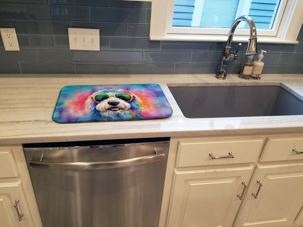 Old English Sheepdog Hippie Dawg Dish Drying Mat Absorbent Dish Drying Mat Pad for Kitchen Counter Dish Drainer Mat for Countertop, 14 x 21", Multicolor
