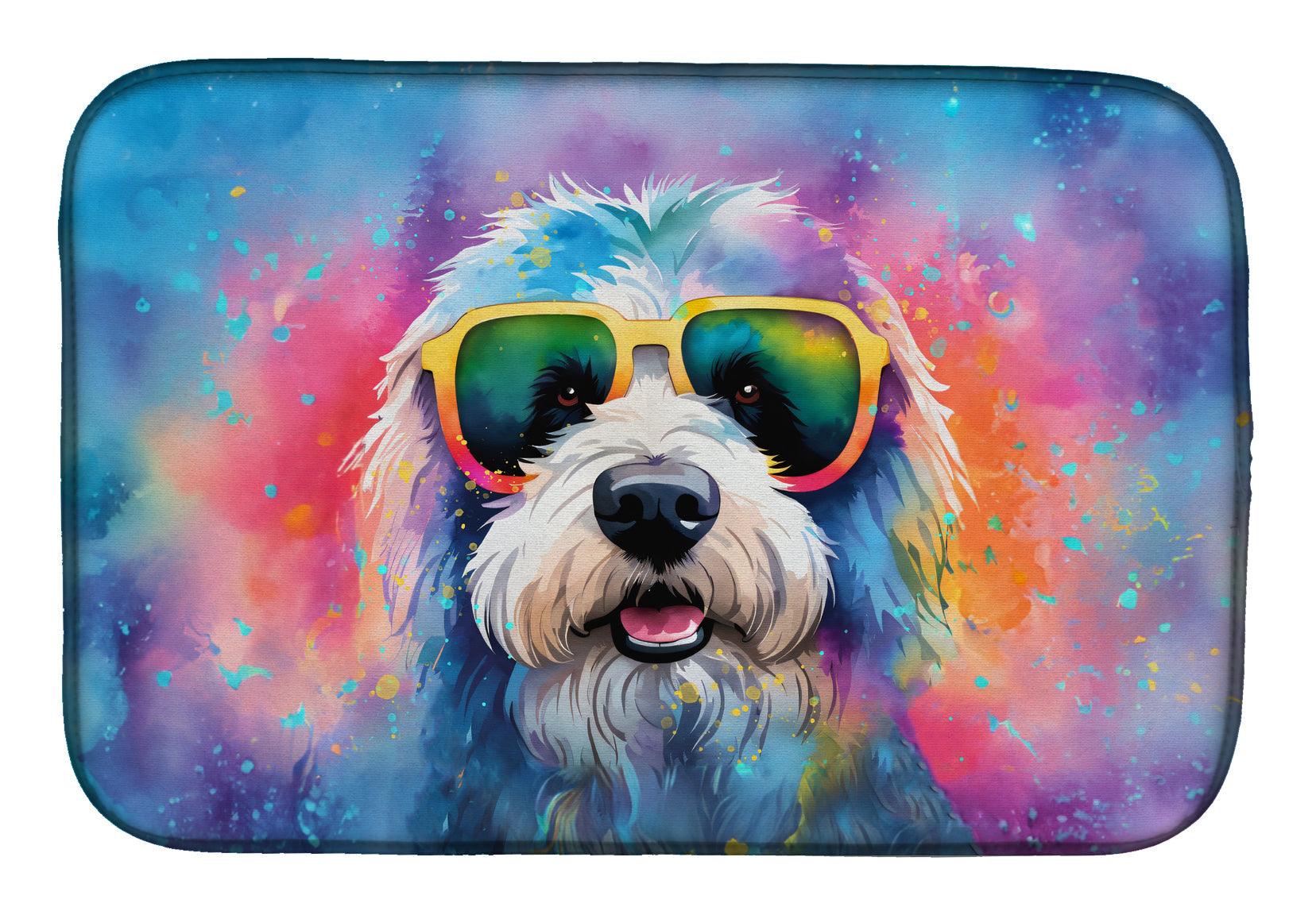 Old English Sheepdog Hippie Dawg Dish Drying Mat Absorbent Dish Drying Mat Pad for Kitchen Counter Dish Drainer Mat for Countertop, 14 x 21", Multicolor