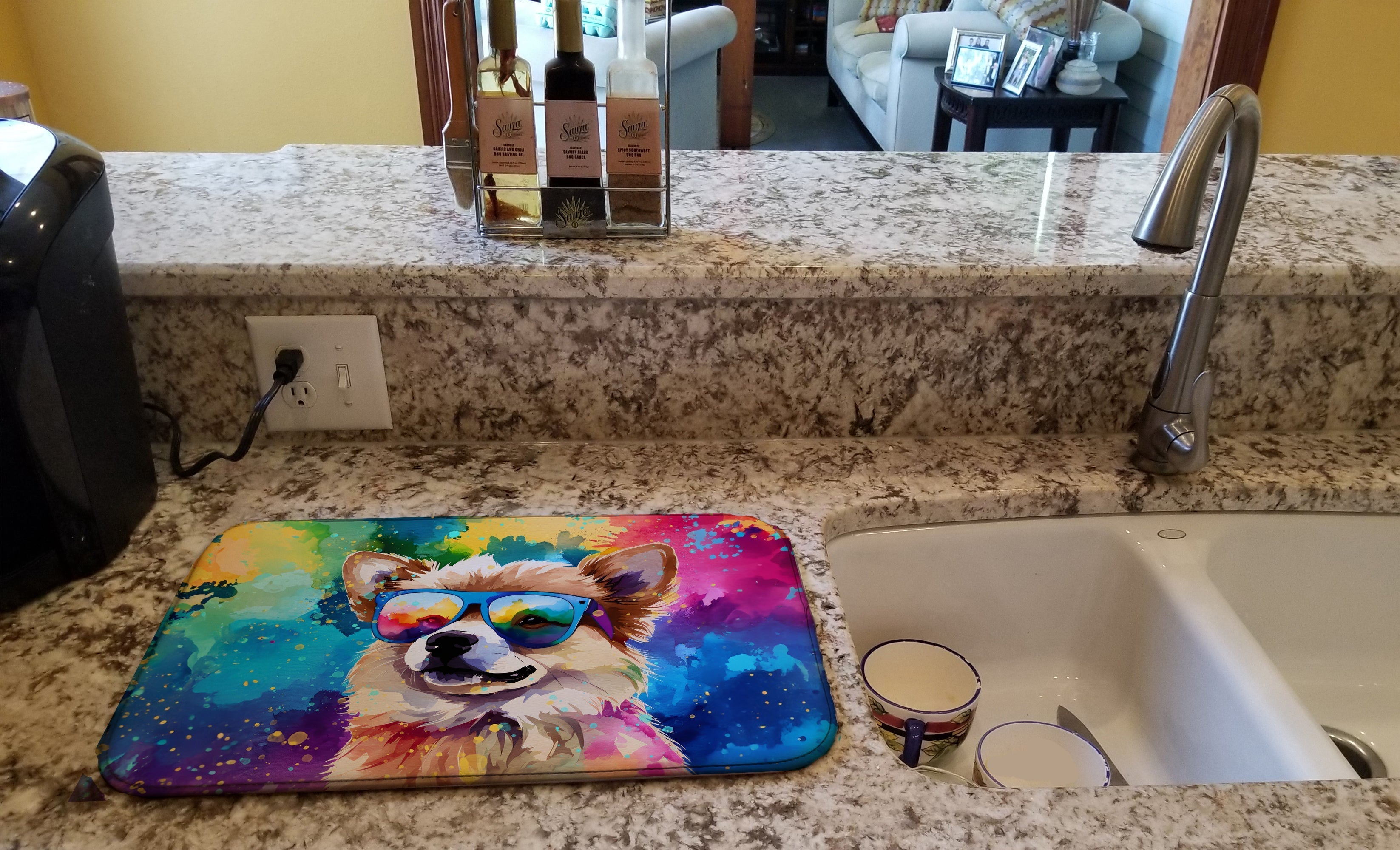 Pomeranian Hippie Dawg Dish Drying Mat Absorbent Dish Drying Mat Pad for Kitchen Counter Dish Drainer Mat for Countertop, 14 x 21", Multicolor