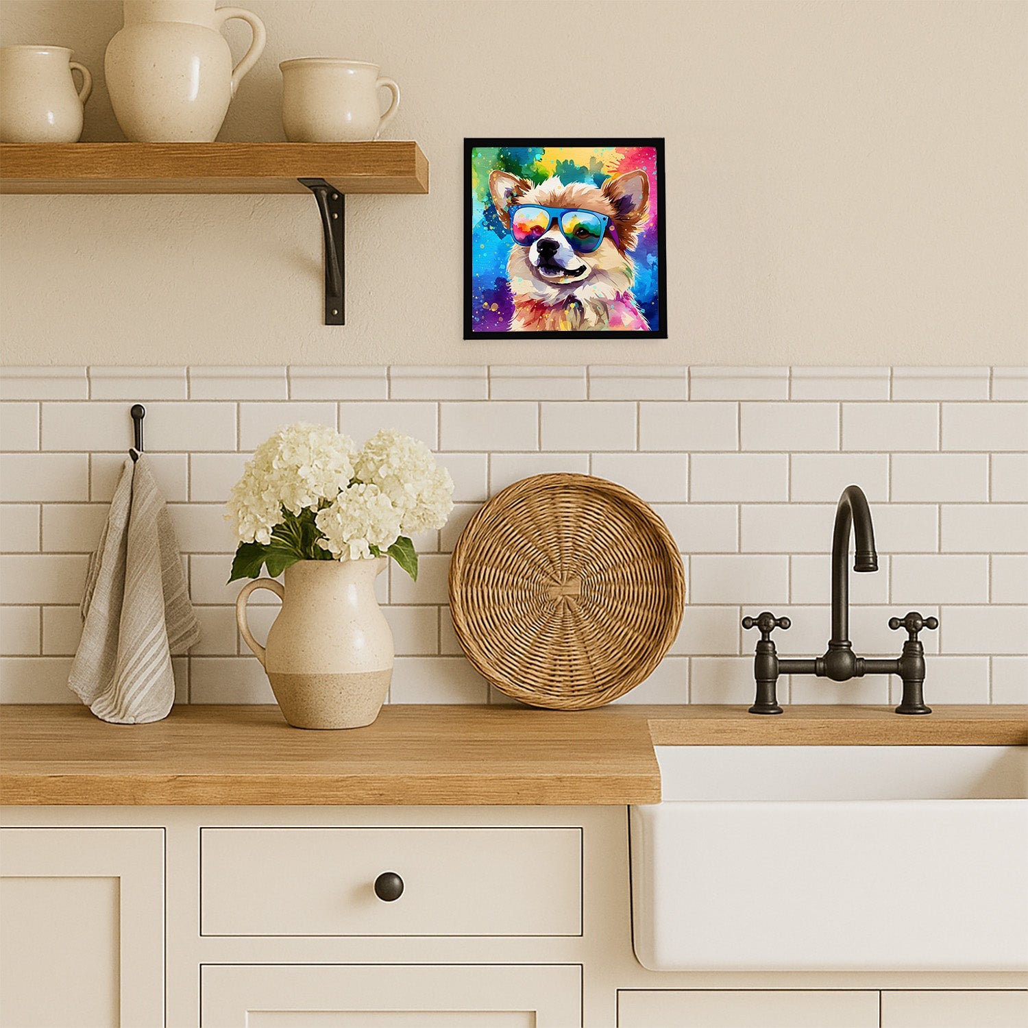 Pomeranian Hippie Dawg Framed Metal Print Bathroom, Kitchen, Office, Home Decor Wall Art Ready to Hang, Square, 8X8