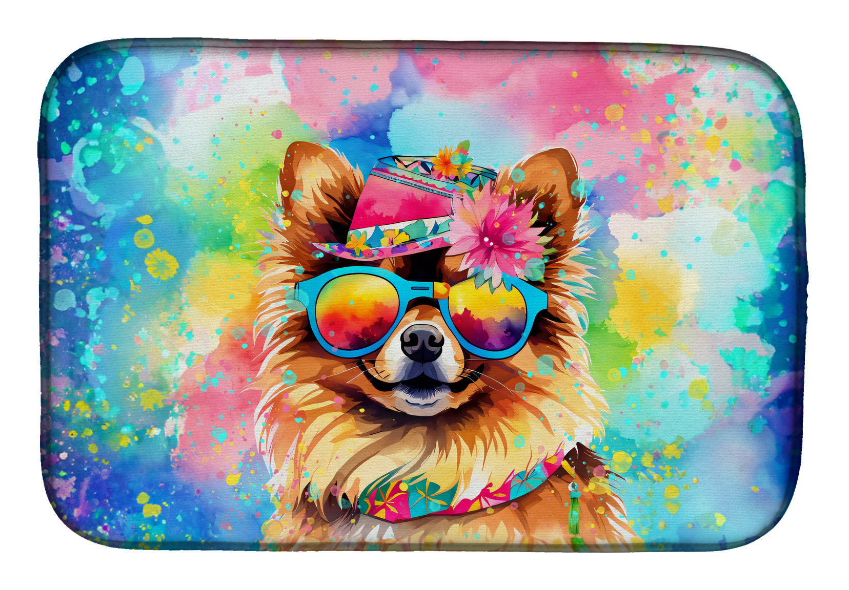 Pomeranian Hippie Dawg Dish Drying Mat Absorbent Dish Drying Mat Pad for Kitchen Counter Dish Drainer Mat for Countertop, 14 x 21", Multicolor