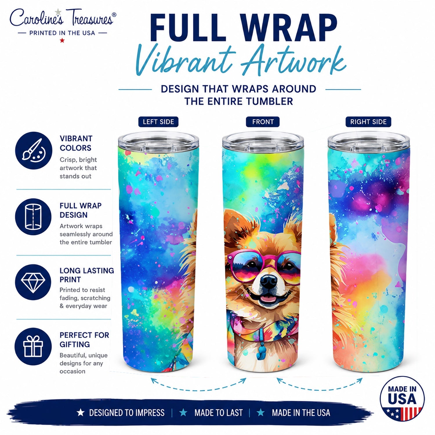 Pomeranian Hippie Dawg Stainless Steel Skinny Tumbler 20 oz Vacuum Double Walled Reusable Insulated Travel Cup