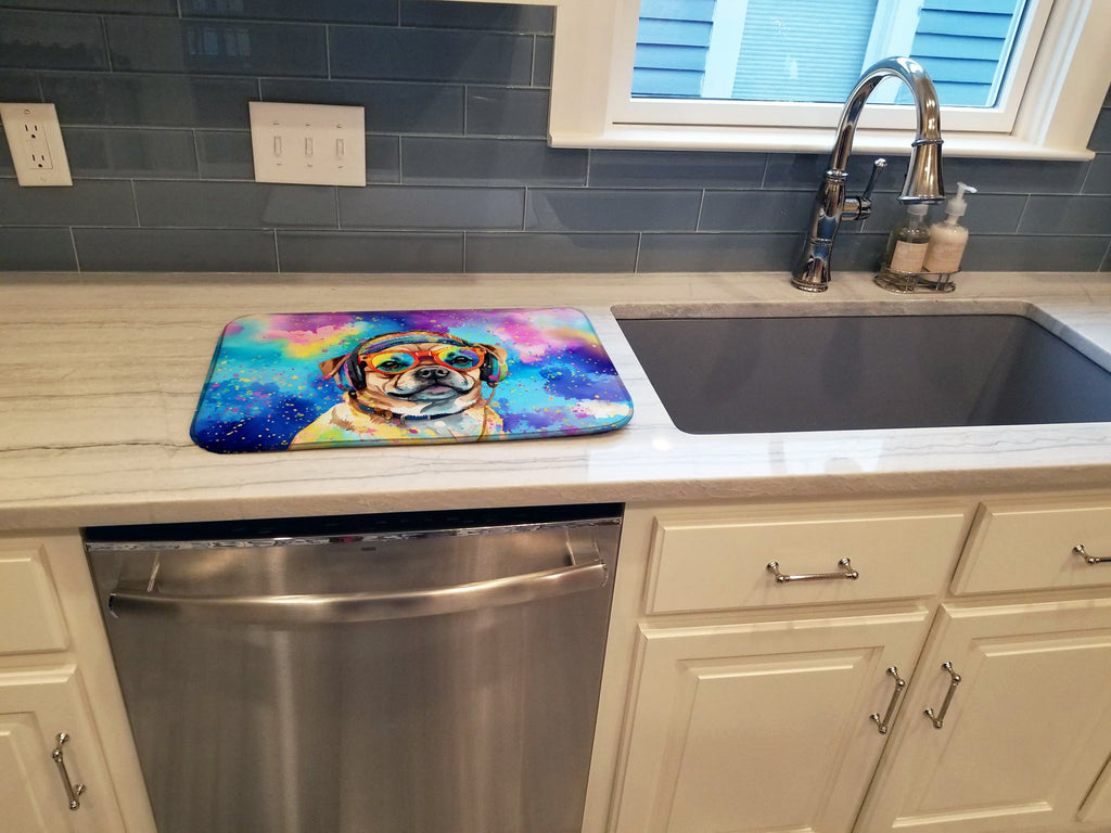 Pug Hippie Dawg Dish Drying Mat Absorbent Dish Drying Mat Pad for Kitchen Counter Dish Drainer Mat for Countertop, 14 x 21", Multicolor