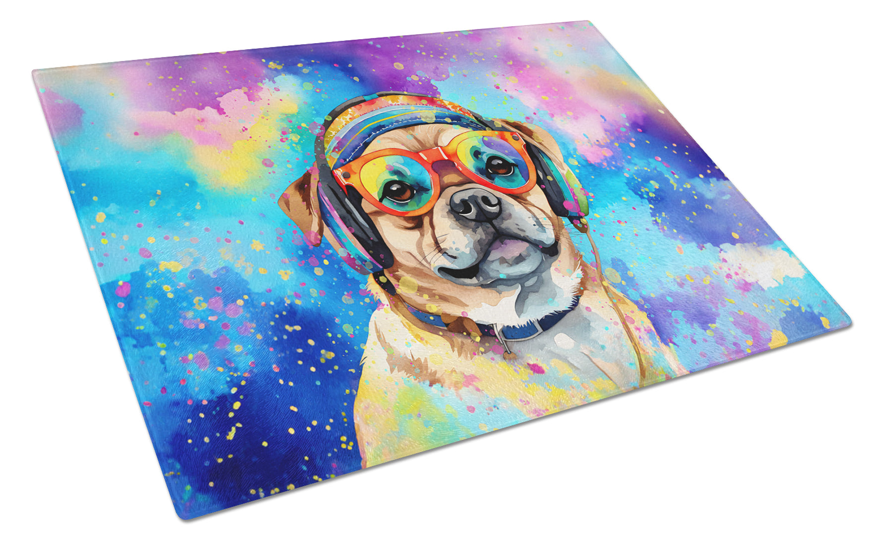 Pug Hippie Dawg Cutting Board Tempered Glass Kitchen Cutting Surface, Heat Resistant Chopping, Non-Slip Feet, Food Prep & Serving