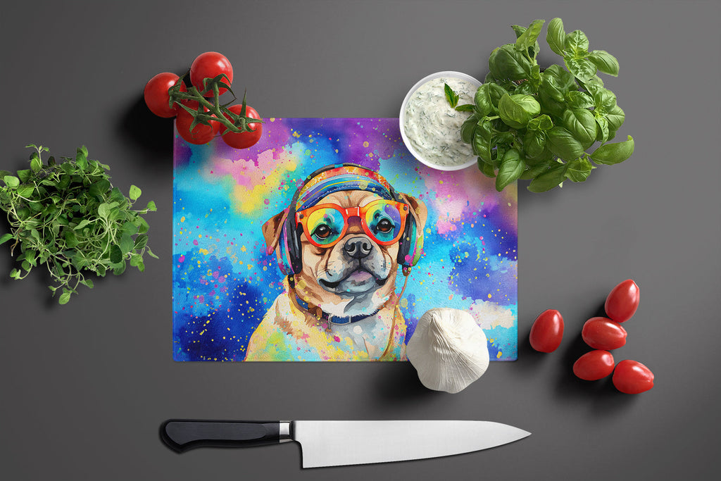Pug Hippie Dawg Cutting Board Tempered Glass Kitchen Cutting Surface, Heat Resistant Chopping, Non-Slip Feet, Food Prep & Serving