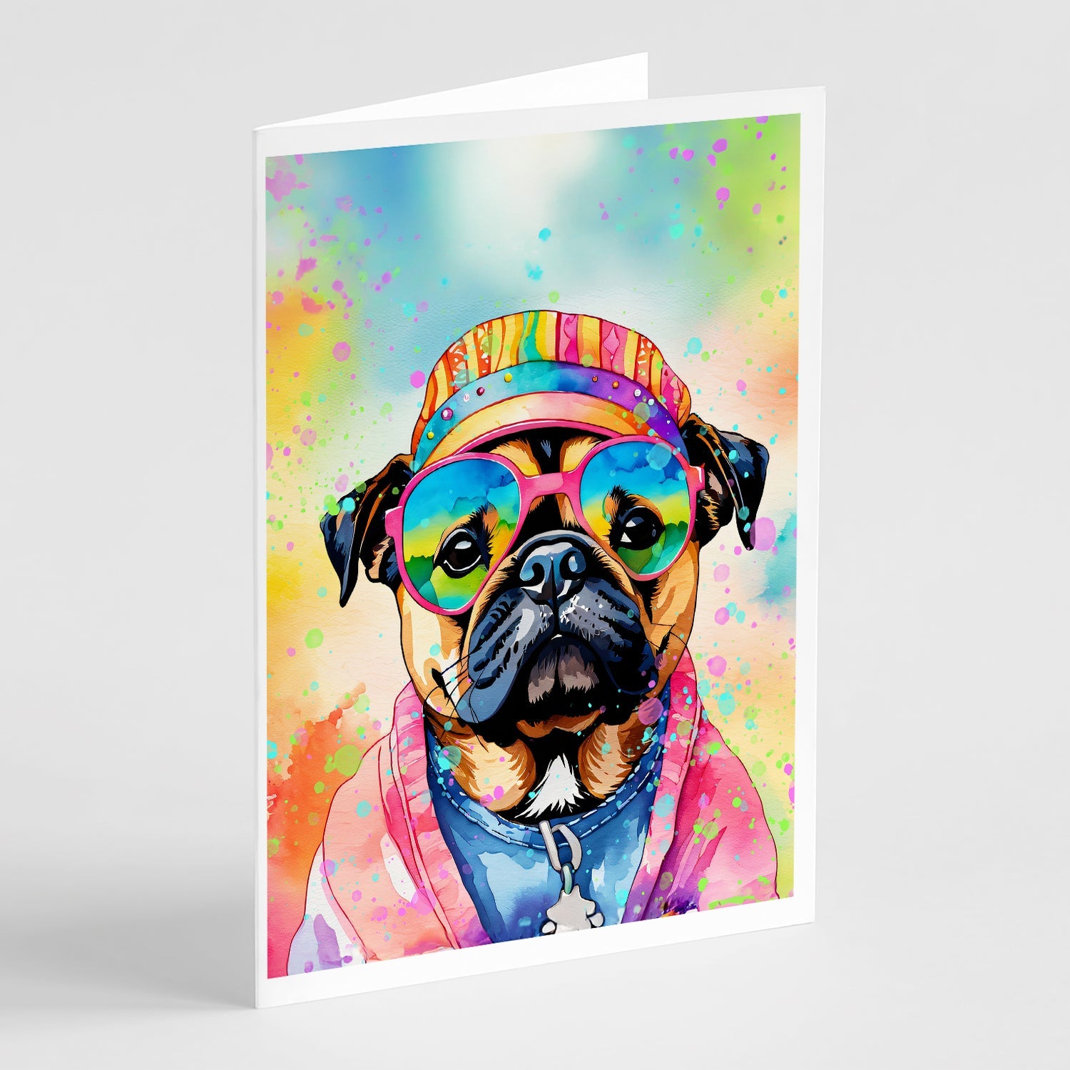 Pug Hippie Dawg Greeting Cards Pack of 8 Blank Cards with Envelopes Whimsical A7 Size 5x7