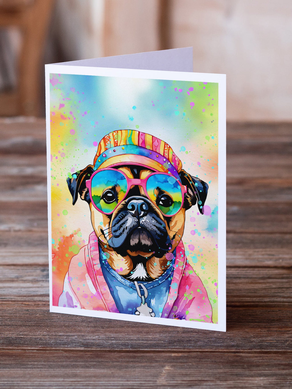 Pug Hippie Dawg Greeting Cards Pack of 8 Blank Cards with Envelopes Whimsical A7 Size 5x7