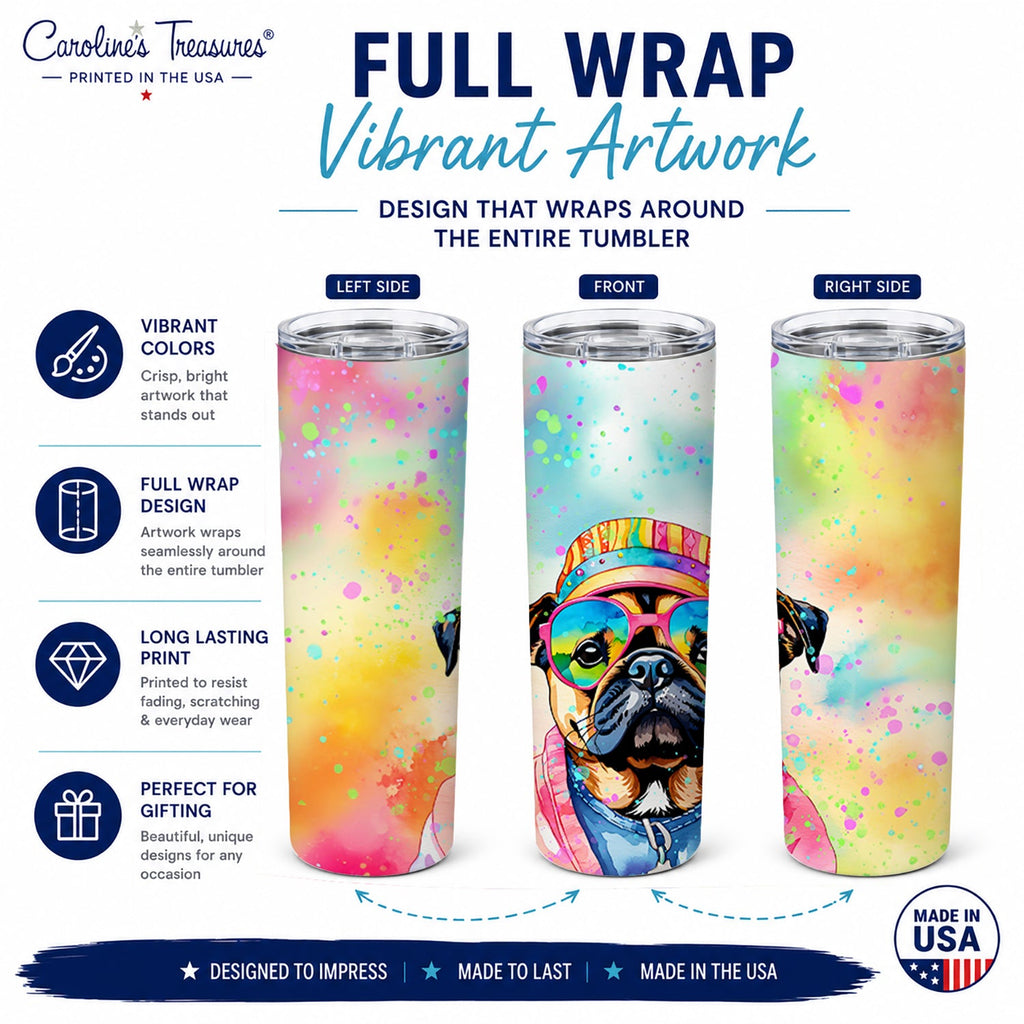 Pug Hippie Dawg Stainless Steel Skinny Tumbler 20 oz Vacuum Double Walled Reusable Insulated Travel Cup