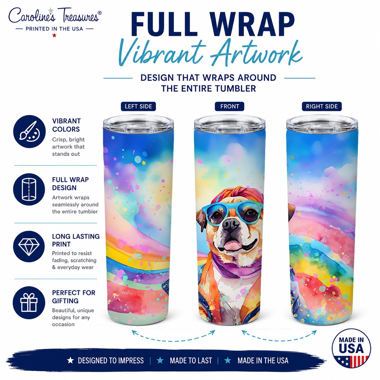 Pug Hippie Dawg Stainless Steel Skinny Tumbler 20 oz Vacuum Double Walled Reusable Insulated Travel Cup