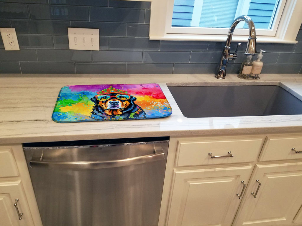 Rottweiler Hippie Dawg Dish Drying Mat Absorbent Dish Drying Mat Pad for Kitchen Counter Dish Drainer Mat for Countertop, 14 x 21", Multicolor