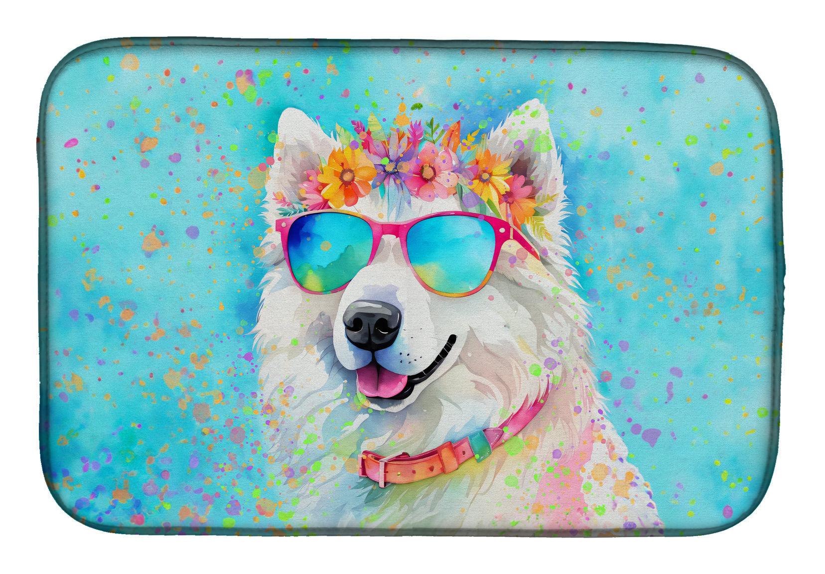 Samoyed Hippie Dawg Dish Drying Mat Absorbent Dish Drying Mat Pad for Kitchen Counter Dish Drainer Mat for Countertop, 14 x 21", Multicolor