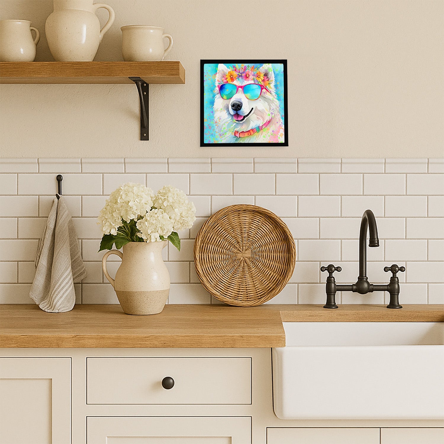 Samoyed Hippie Dawg Framed Metal Print Bathroom, Kitchen, Office, Home Decor Wall Art Ready to Hang, Square, 8X8