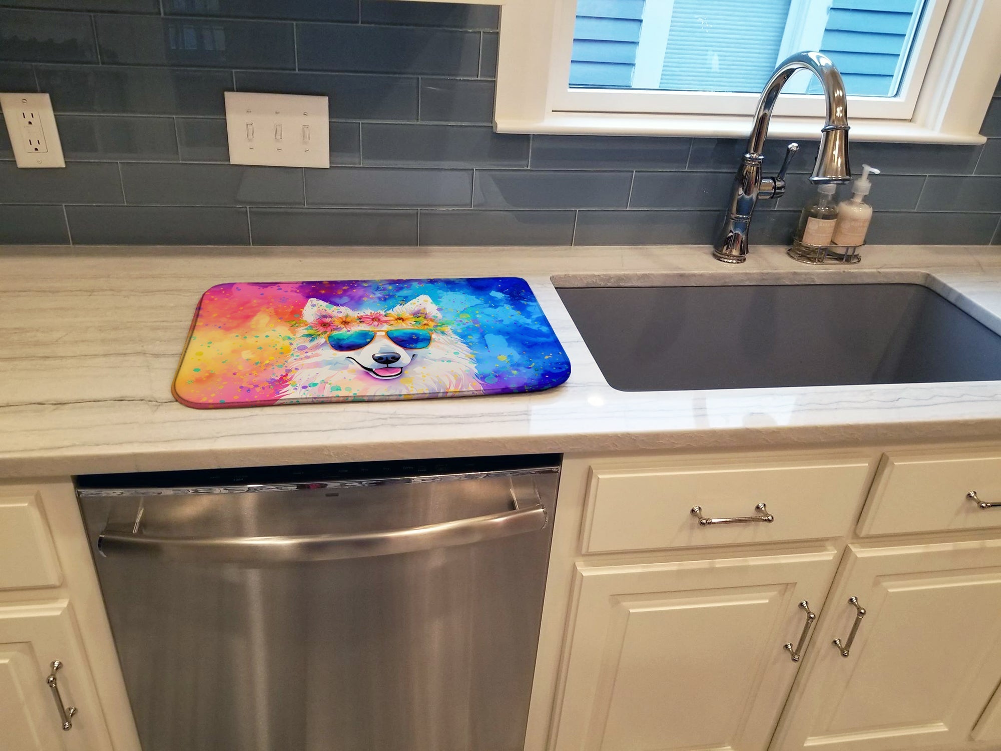 Samoyed Hippie Dawg Dish Drying Mat Absorbent Dish Drying Mat Pad for Kitchen Counter Dish Drainer Mat for Countertop, 14 x 21", Multicolor