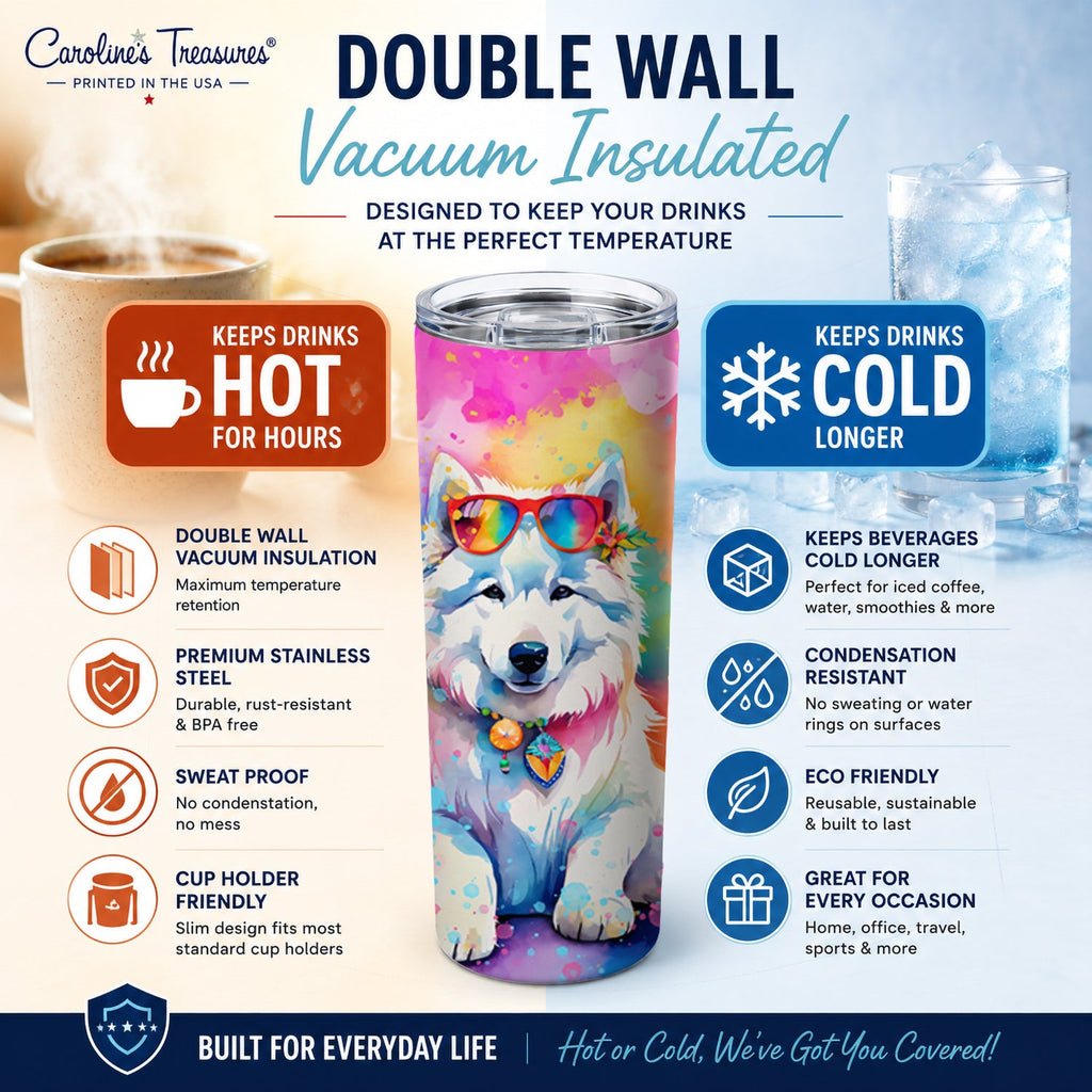 Samoyed Hippie Dawg Stainless Steel Skinny Tumbler 20 oz Vacuum Double Walled Reusable Insulated Travel Cup