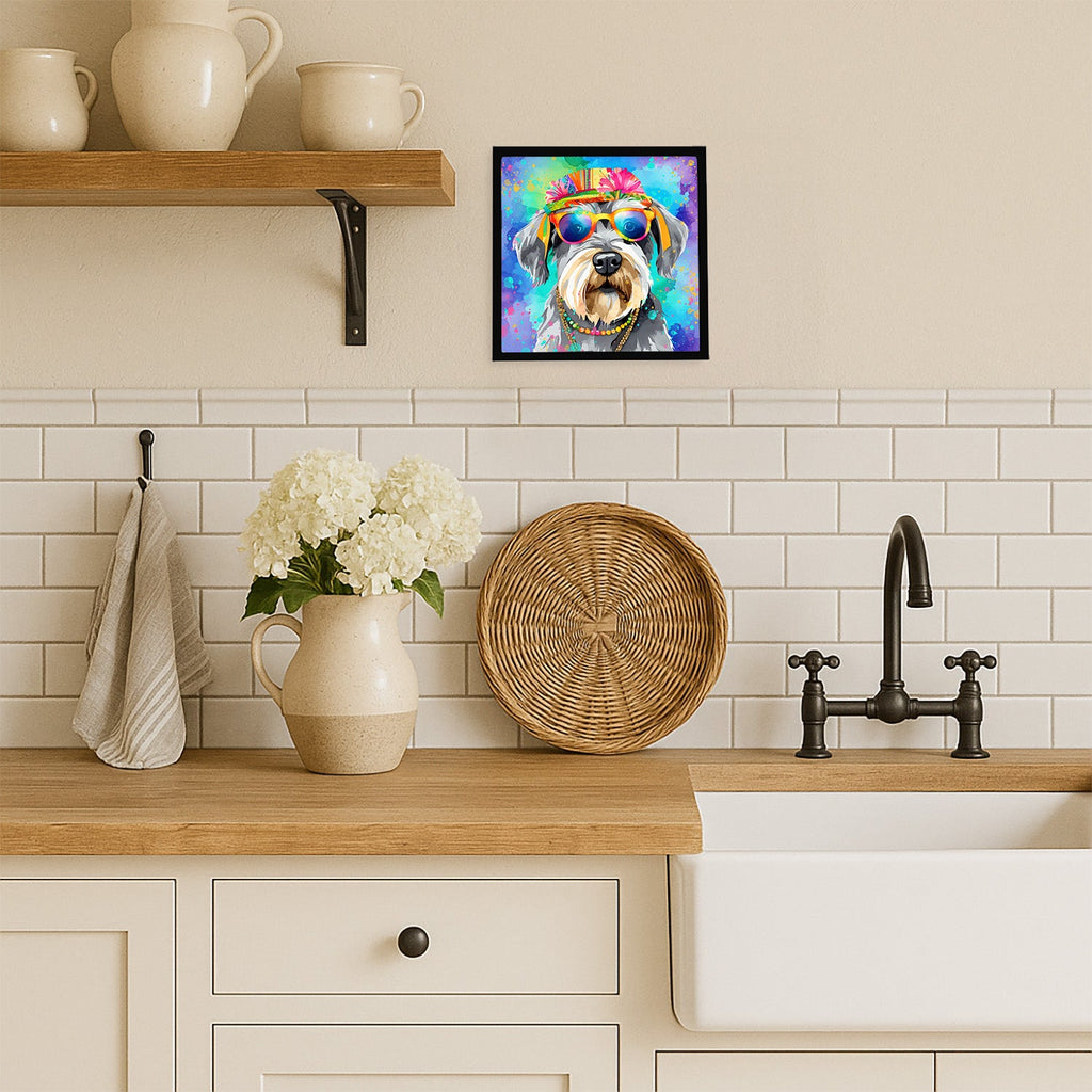 Schnauzer Hippie Dawg Framed Metal Print Bathroom, Kitchen, Office, Home Decor Wall Art Ready to Hang, Square, 8X8