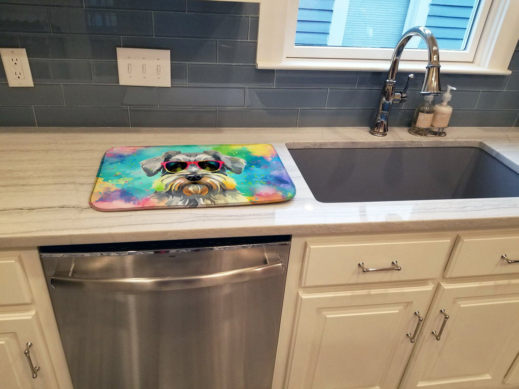 Schnauzer Hippie Dawg Dish Drying Mat Absorbent Dish Drying Mat Pad for Kitchen Counter Dish Drainer Mat for Countertop, 14 x 21", Multicolor