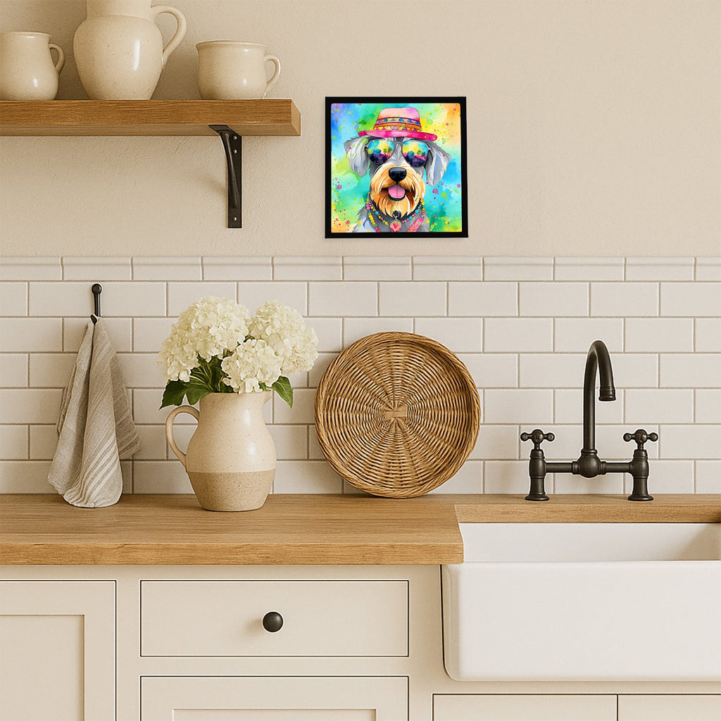 Schnauzer Hippie Dawg Framed Metal Print Bathroom, Kitchen, Office, Home Decor Wall Art Ready to Hang, Square, 8X8
