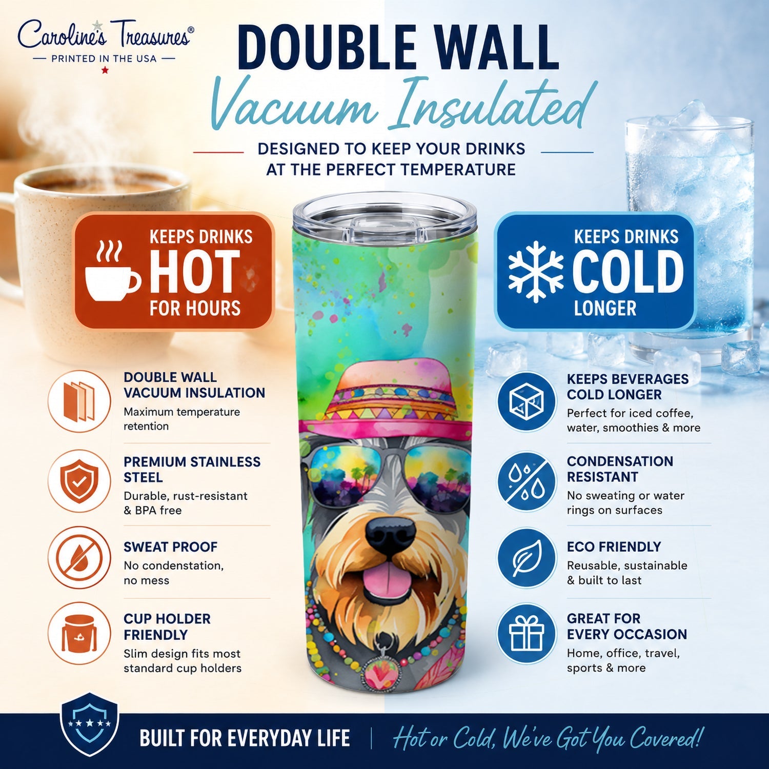 Schnauzer Hippie Dawg Stainless Steel Skinny Tumbler 20 oz Vacuum Double Walled Reusable Insulated Travel Cup