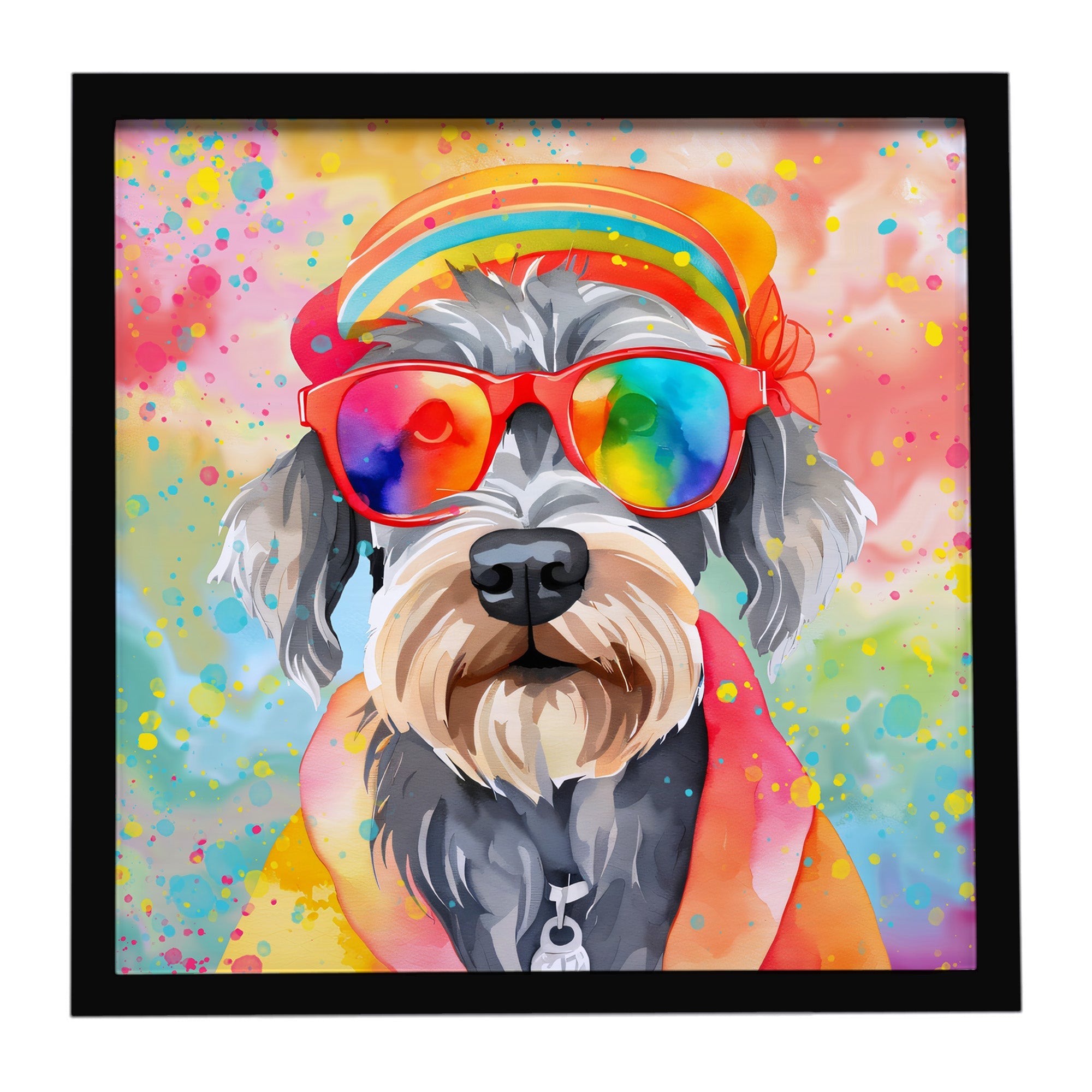 Schnauzer Hippie Dawg Framed Metal Print Bathroom, Kitchen, Office, Home Decor Wall Art Ready to Hang, Square, 8X8