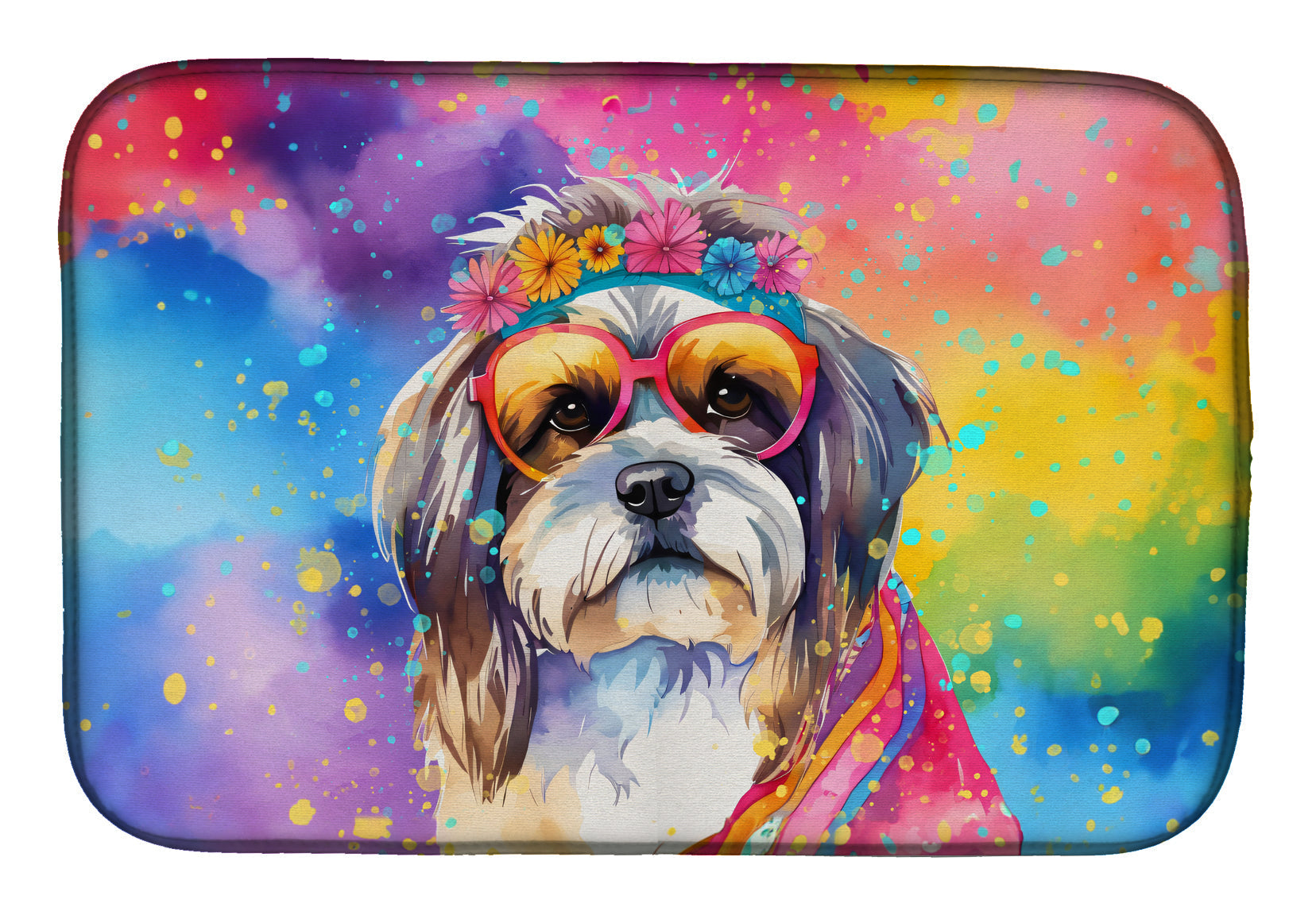 Shih Tzu Hippie Dawg Dish Drying Mat Absorbent Dish Drying Mat Pad for Kitchen Counter Dish Drainer Mat for Countertop, 14 x 21", Multicolor