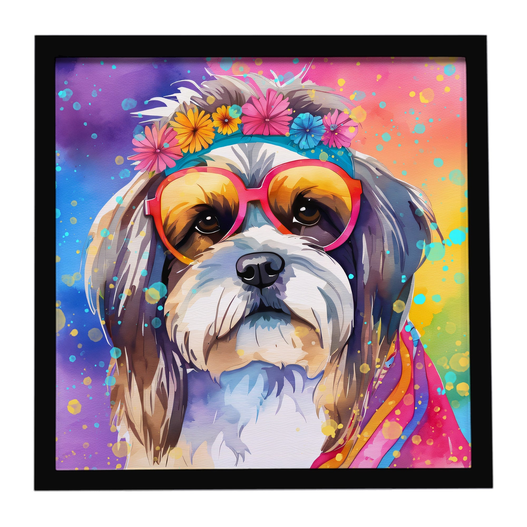 Shih Tzu Hippie Dawg Framed Metal Print Bathroom, Kitchen, Office, Home Decor Wall Art Ready to Hang, Square, 8X8