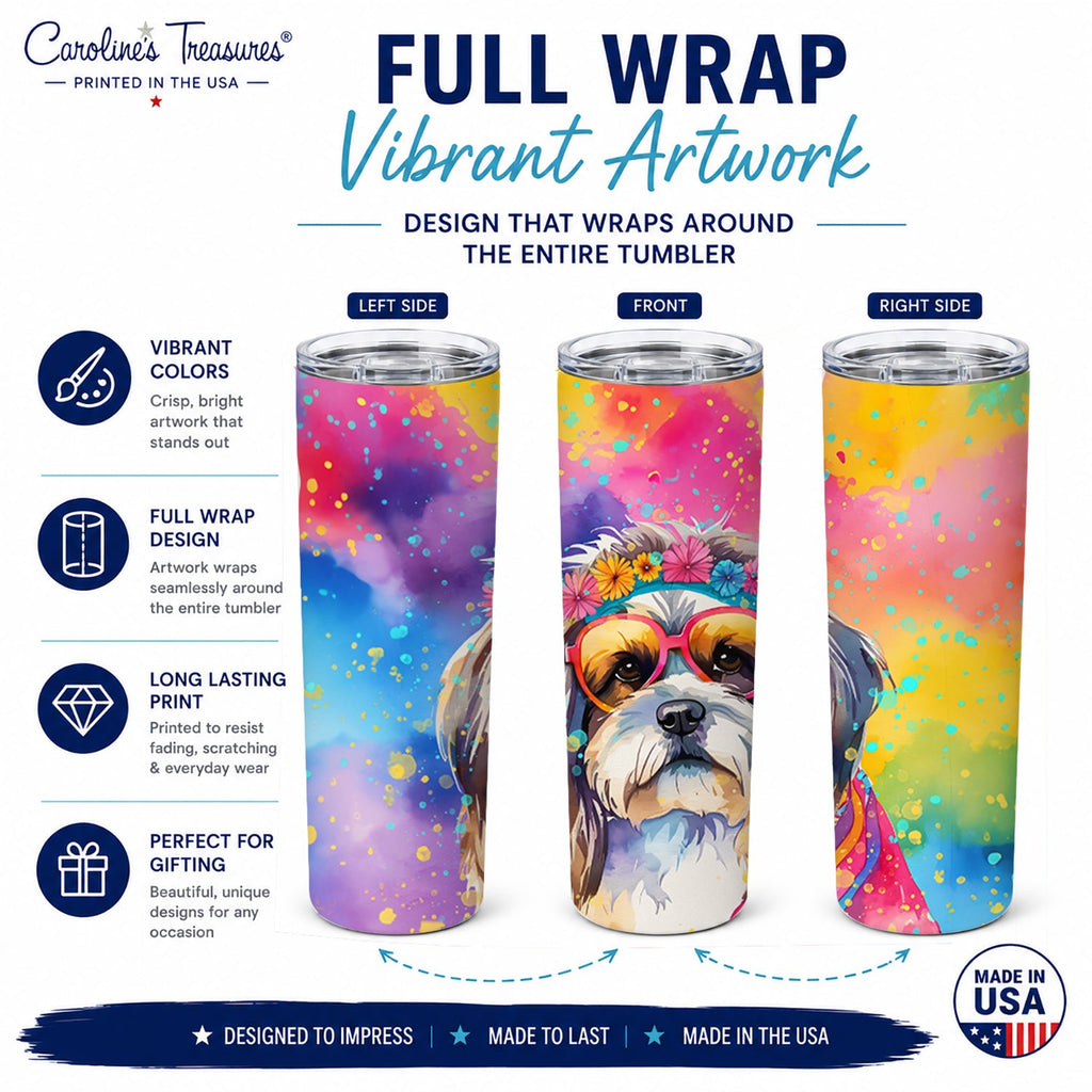 Shih Tzu Hippie Dawg Stainless Steel Skinny Tumbler 20 oz Vacuum Double Walled Reusable Insulated Travel Cup