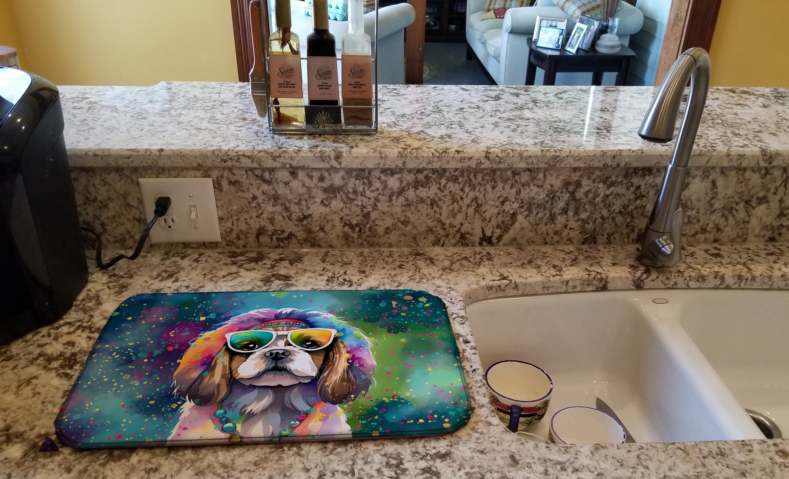 Shih Tzu Hippie Dawg Dish Drying Mat Absorbent Dish Drying Mat Pad for Kitchen Counter Dish Drainer Mat for Countertop, 14 x 21", Multicolor