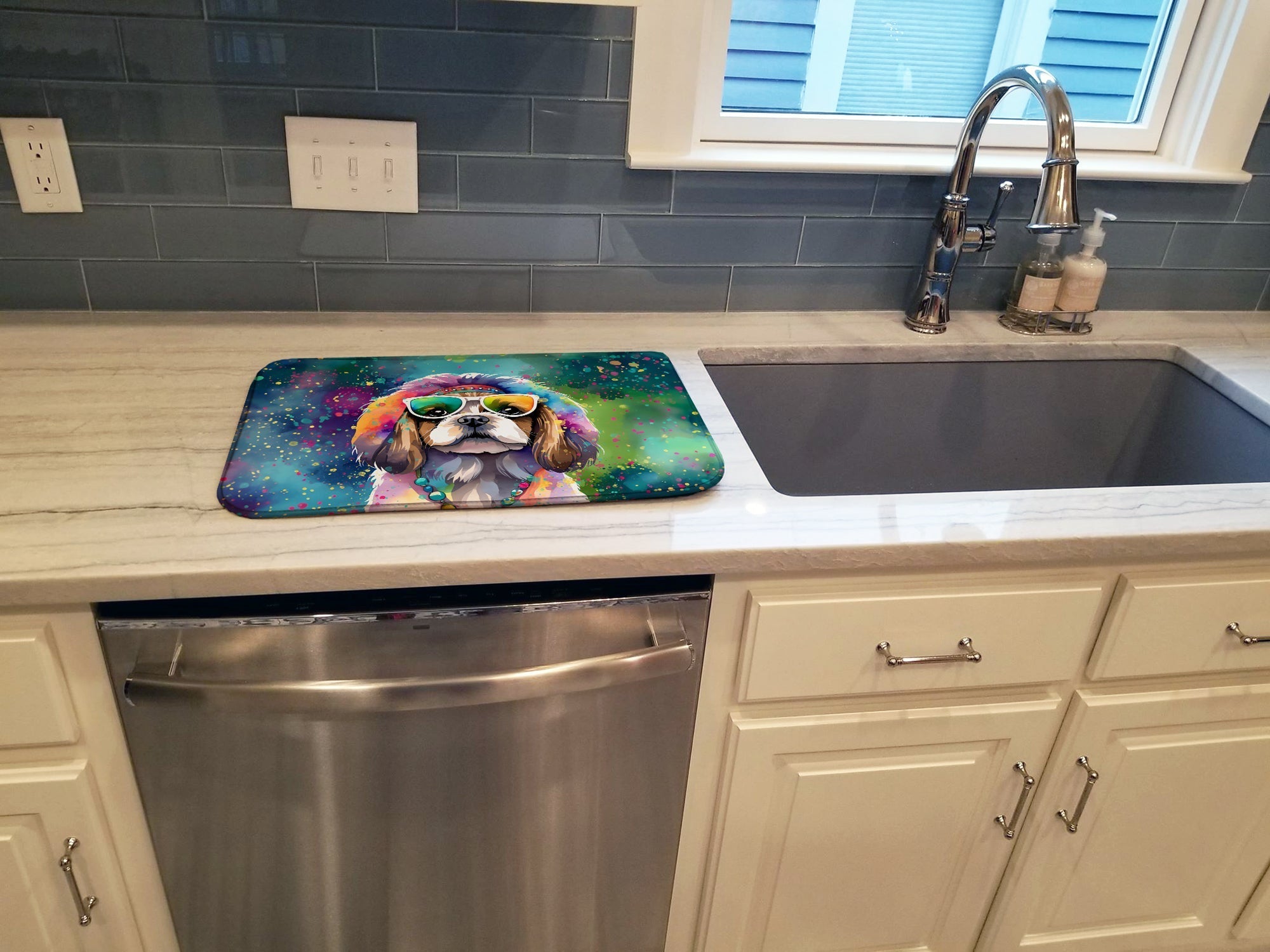 Shih Tzu Hippie Dawg Dish Drying Mat Absorbent Dish Drying Mat Pad for Kitchen Counter Dish Drainer Mat for Countertop, 14 x 21", Multicolor