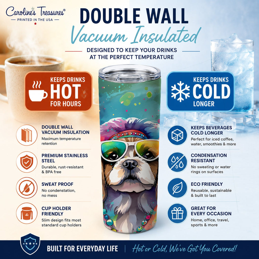 Shih Tzu Hippie Dawg Stainless Steel Skinny Tumbler 20 oz Vacuum Double Walled Reusable Insulated Travel Cup