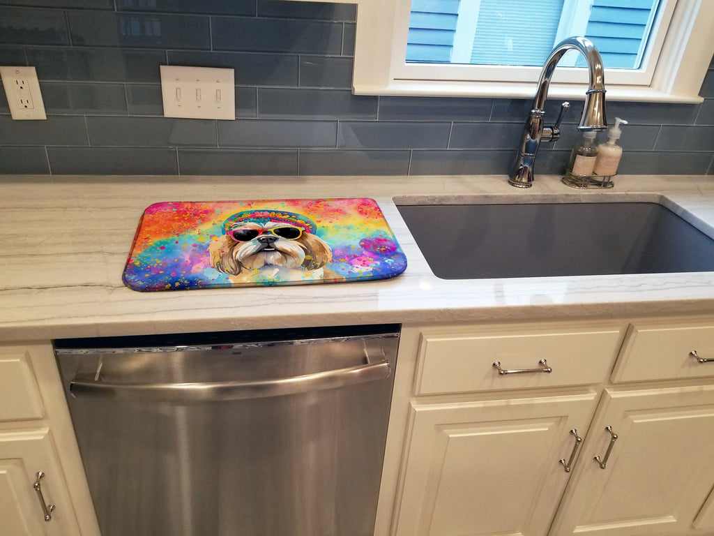 Shih Tzu Hippie Dawg Dish Drying Mat Absorbent Dish Drying Mat Pad for Kitchen Counter Dish Drainer Mat for Countertop, 14 x 21", Multicolor