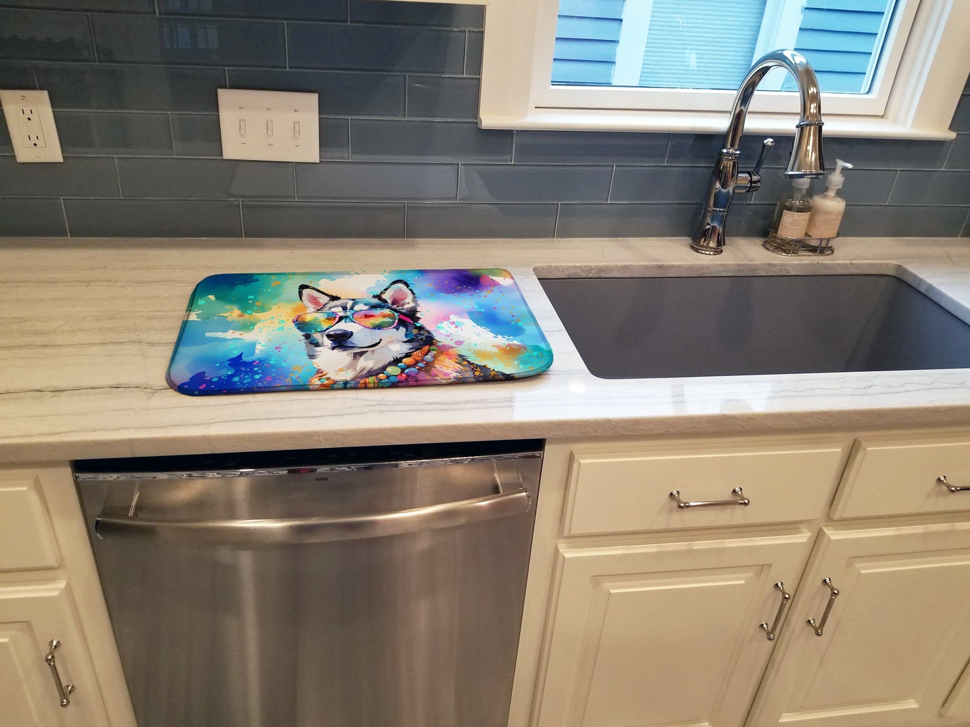 Siberian Husky Hippie Dawg Dish Drying Mat Absorbent Dish Drying Mat Pad for Kitchen Counter Dish Drainer Mat for Countertop, 14 x 21", Multicolor