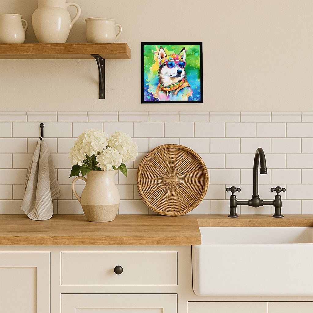 Siberian Husky Hippie Dawg Framed Metal Print Bathroom, Kitchen, Office, Home Decor Wall Art Ready to Hang, Square, 8X8
