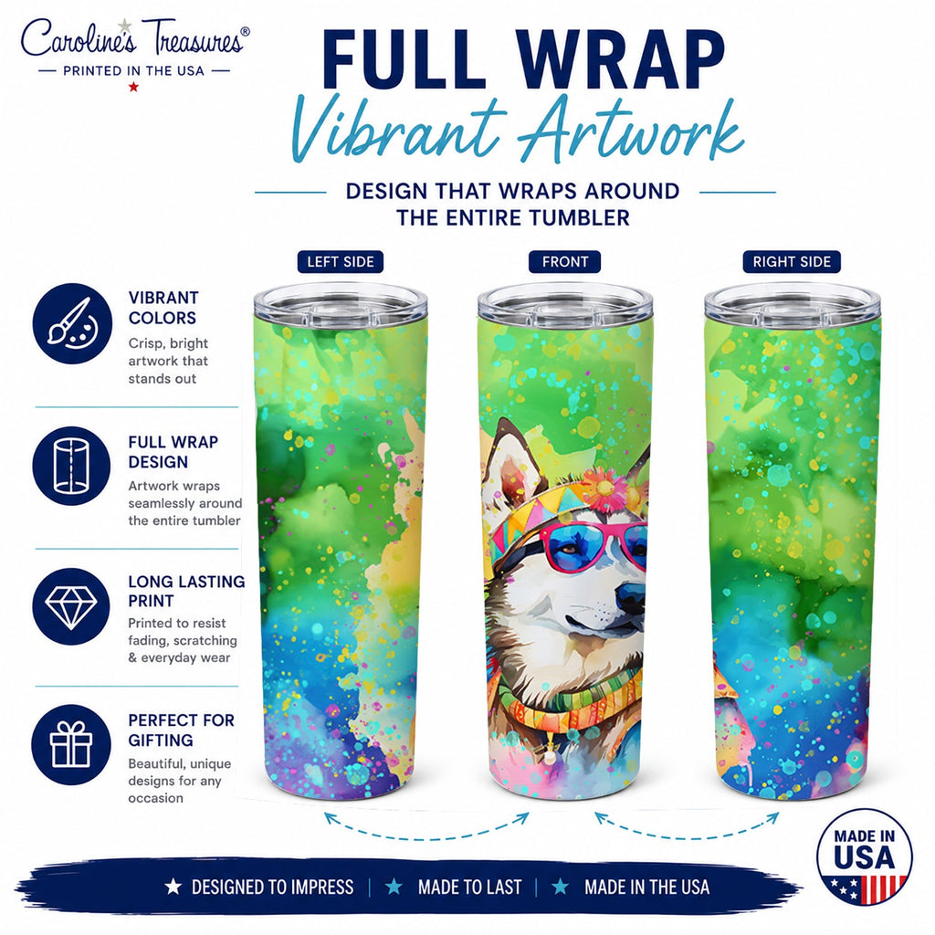 Siberian Husky Hippie Dawg Stainless Steel Skinny Tumbler 20 oz Vacuum Double Walled Reusable Insulated Travel Cup