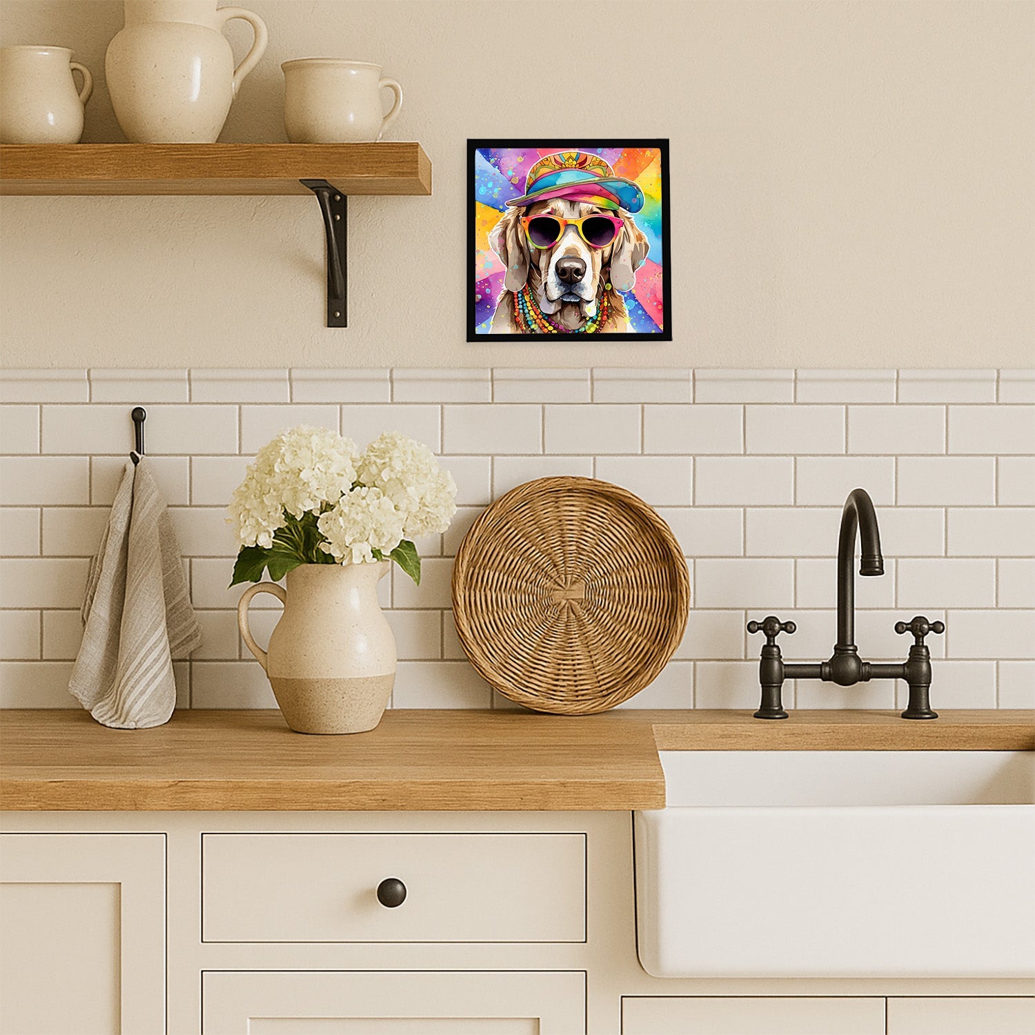 Weimaraner Hippie Dawg Framed Metal Print Bathroom, Kitchen, Office, Home Decor Wall Art Ready to Hang, Square, 8X8