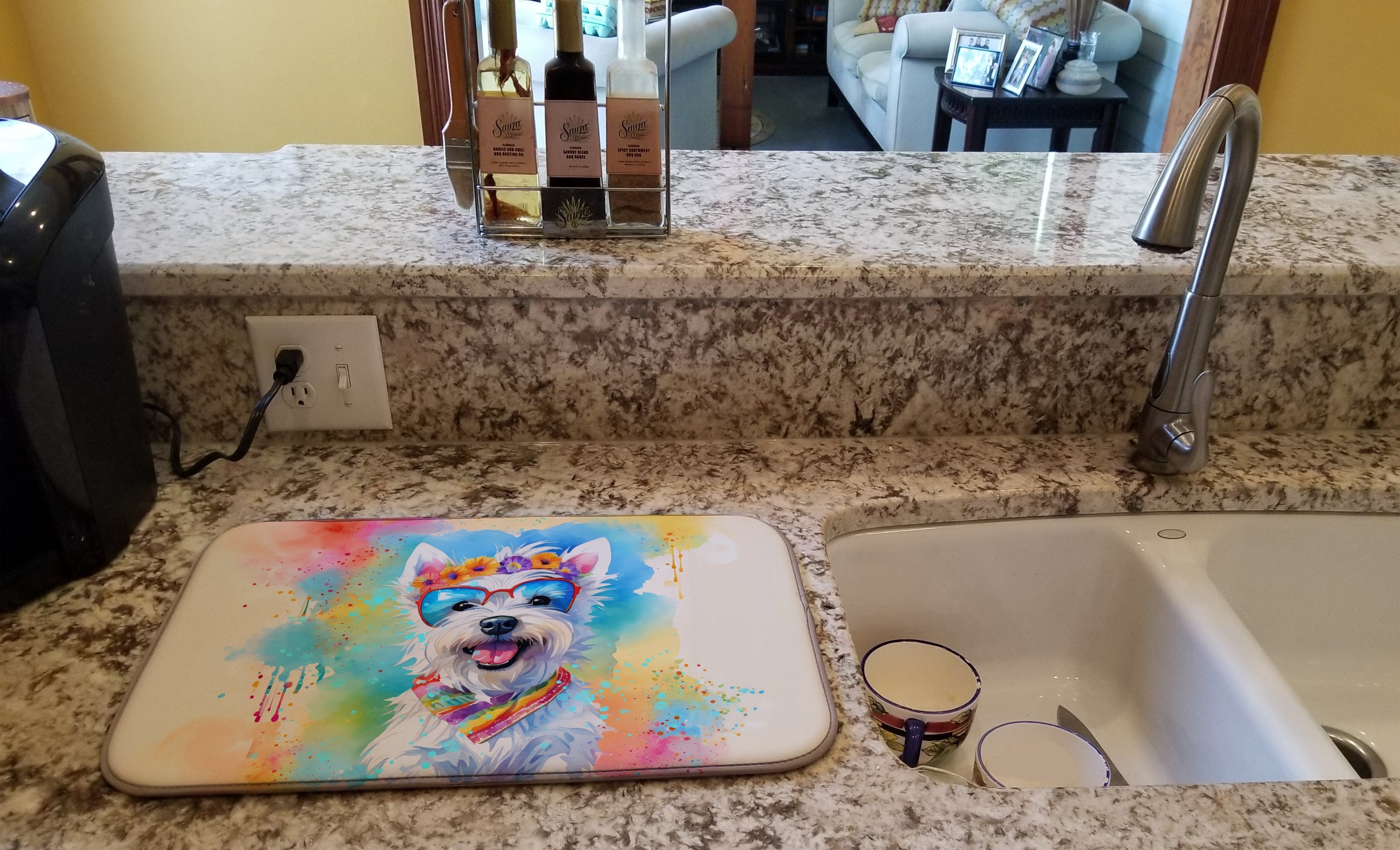 Westie Hippie Dawg Dish Drying Mat Absorbent Dish Drying Mat Pad for Kitchen Counter Dish Drainer Mat for Countertop, 14 x 21", Multicolor
