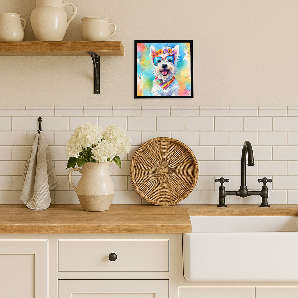 Westie Hippie Dawg Framed Metal Print Bathroom, Kitchen, Office, Home Decor Wall Art Ready to Hang, Square, 8X8