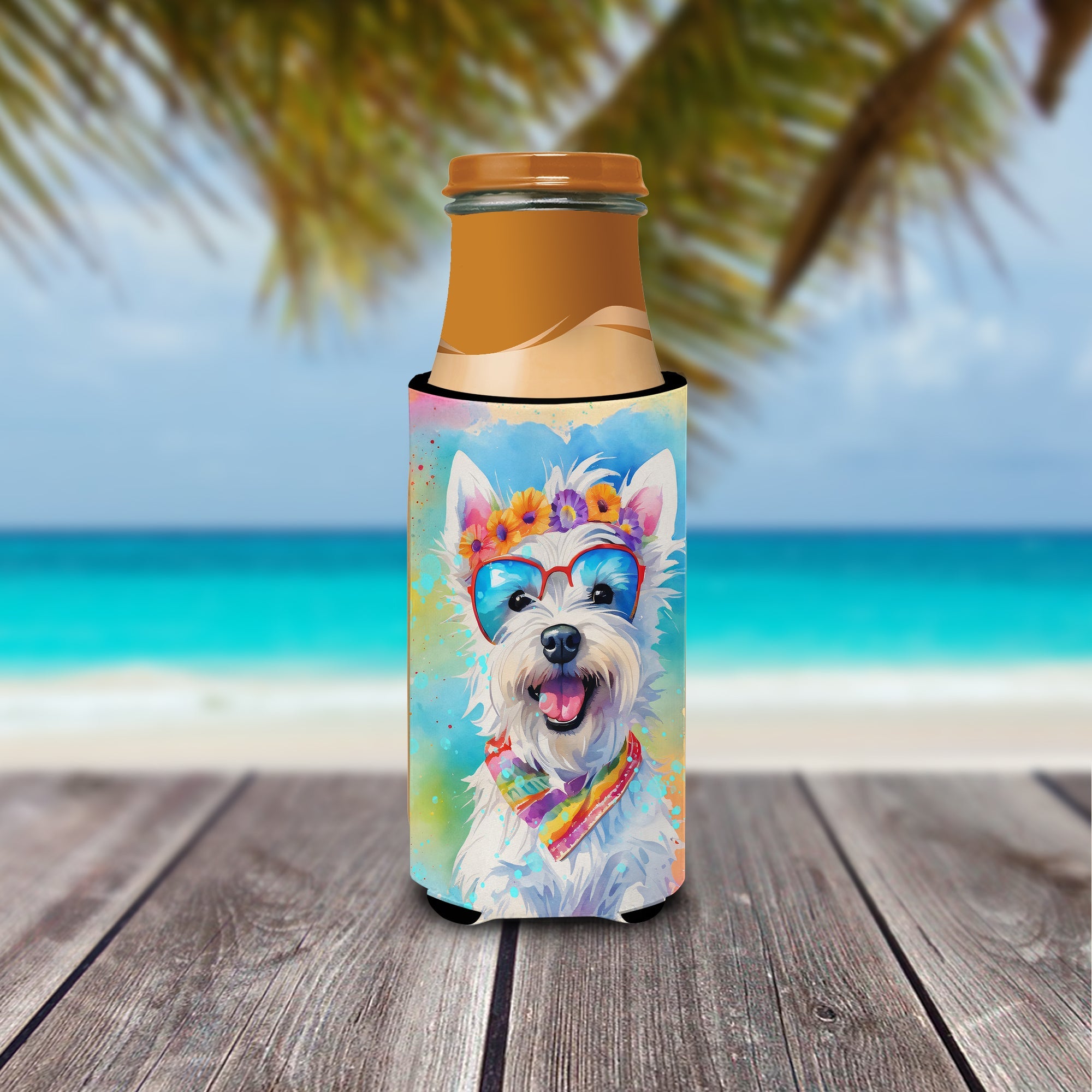 Westie Hippie Dawg Slim Can Hugger , Insulated Foam Hugger for 12 oz Slim Cans, Beer Bottles & Water Bottles, Printed in USA