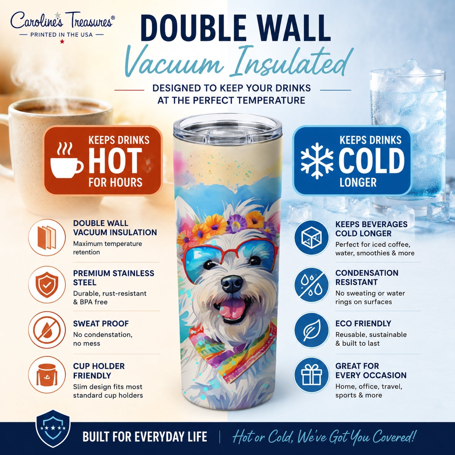Westie Hippie Dawg Stainless Steel Skinny Tumbler 20 oz Vacuum Double Walled Reusable Insulated Travel Cup