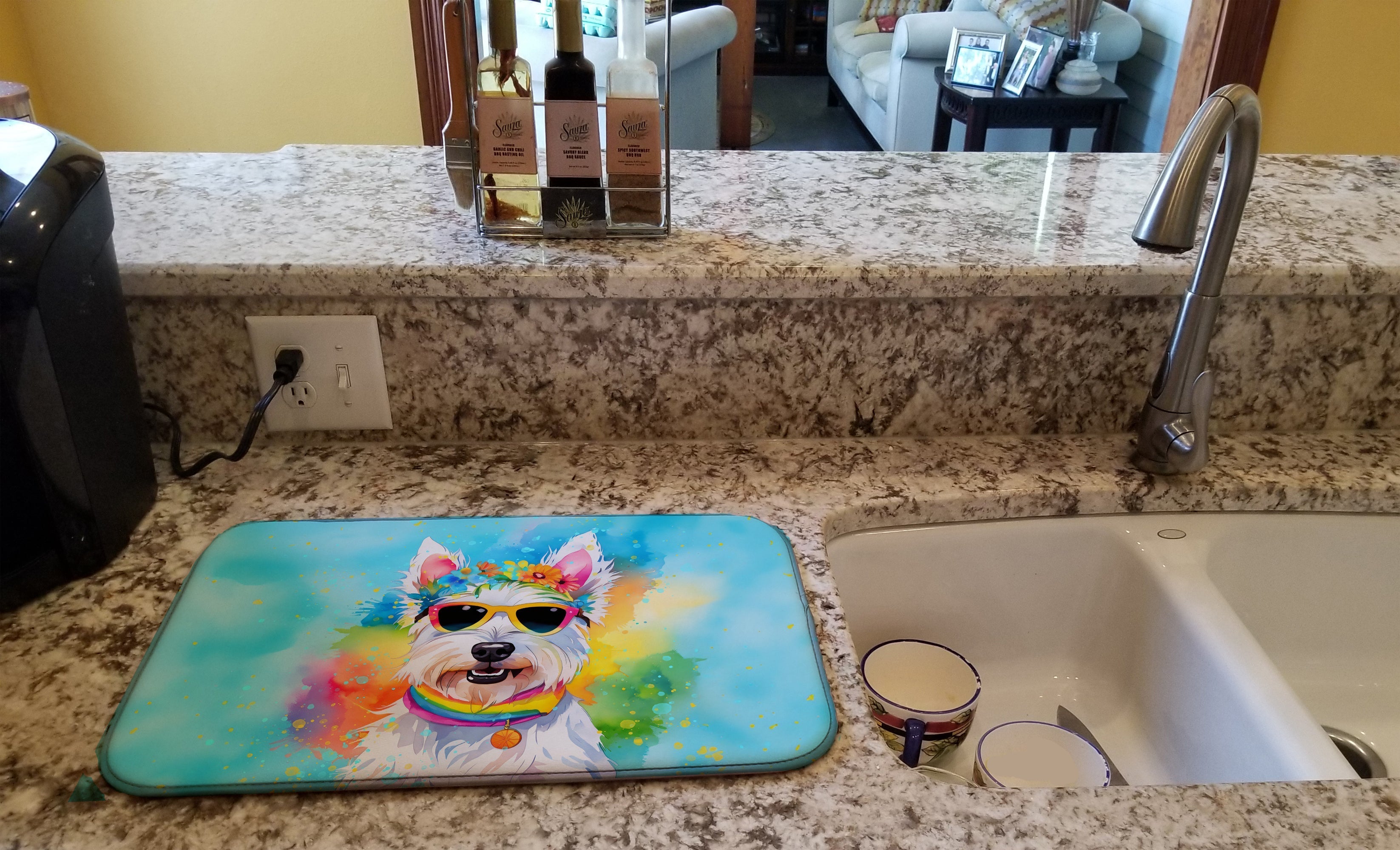 Westie Hippie Dawg Dish Drying Mat Absorbent Dish Drying Mat Pad for Kitchen Counter Dish Drainer Mat for Countertop, 14 x 21", Multicolor