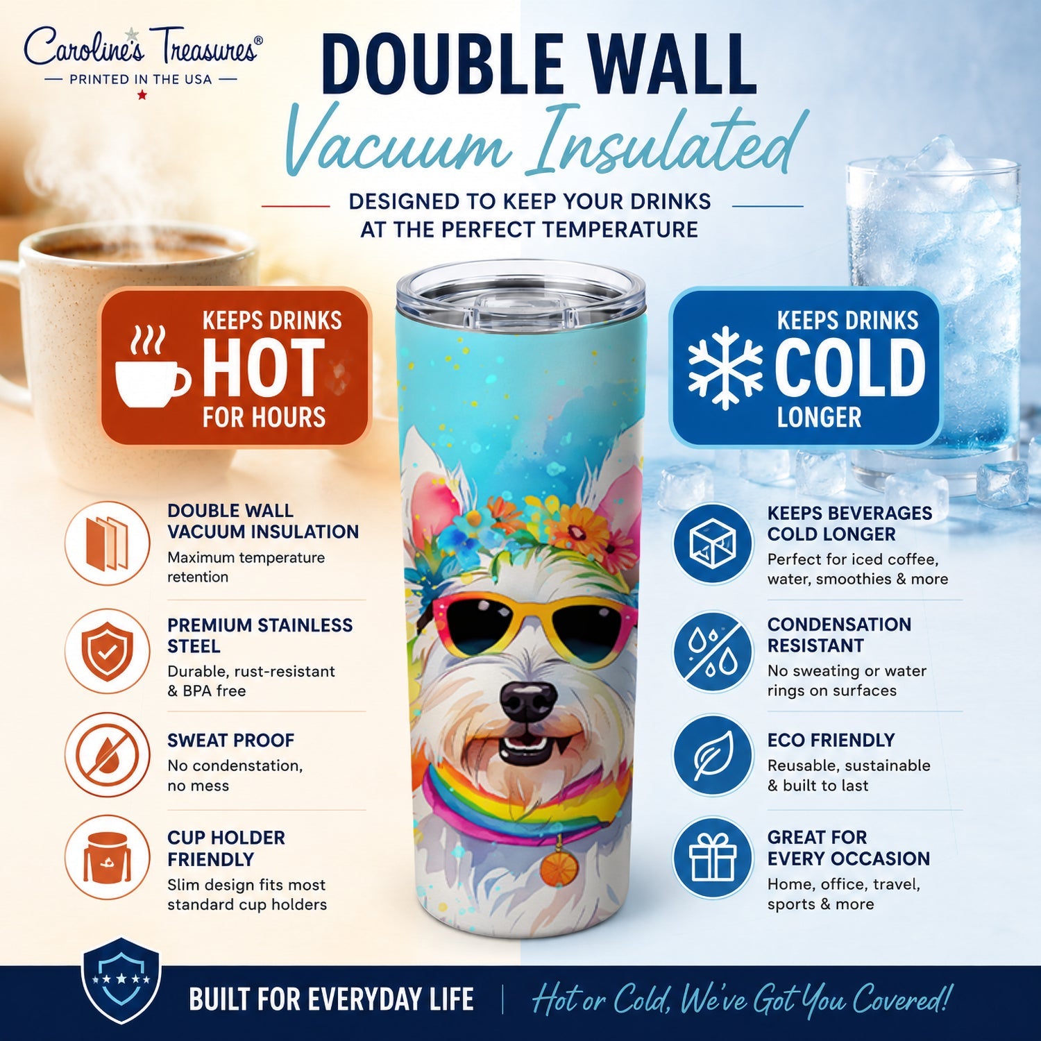 Westie Hippie Dawg Stainless Steel Skinny Tumbler 20 oz Vacuum Double Walled Reusable Insulated Travel Cup